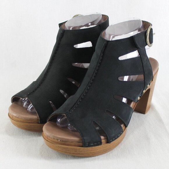 Dansko Demetra Sandals Womens Size 38 US 8 Black Leather Peep Toe Block Heel - Picture 1 of 9